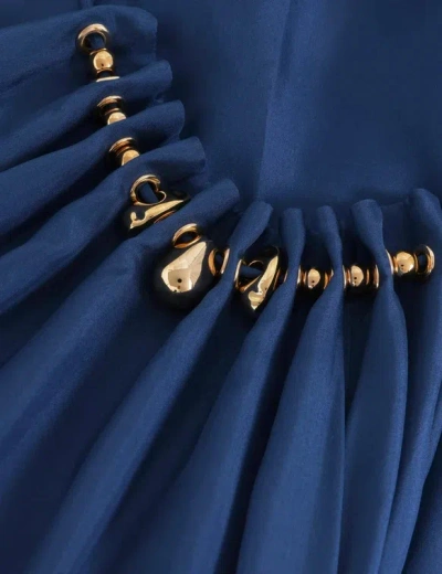 Zimmermann Aster Gathered Beaded Silk-satin Maxi Dress In Blue