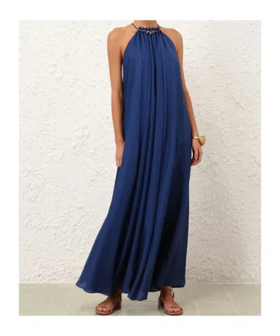 Zimmermann Aster Gathered Beaded Silk-satin Maxi Dress In Blue