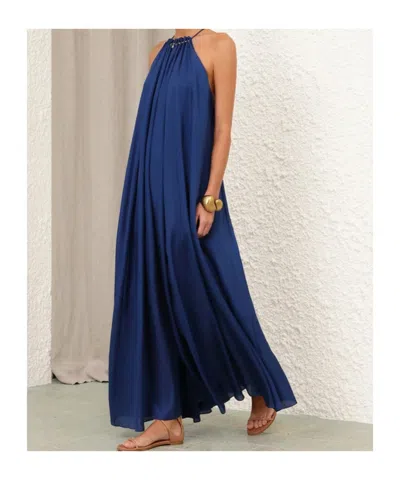 Zimmermann Aster Gathered Beaded Silk-satin Maxi Dress In Blue