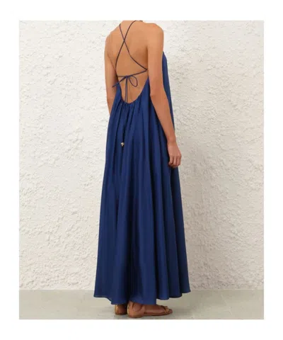 Zimmermann Aster Gathered Beaded Silk-satin Maxi Dress In Blue