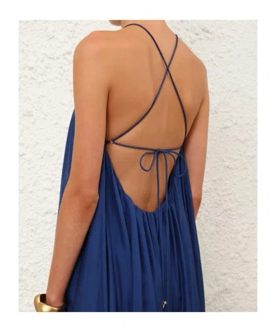 Zimmermann Aster Gathered Beaded Silk-satin Maxi Dress In Blue