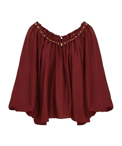Zimmermann Blouse Aster With Ruffles And Beads In Burgundy