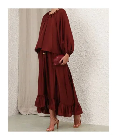 Zimmermann Blouse Aster With Ruffles And Beads In Burgundy