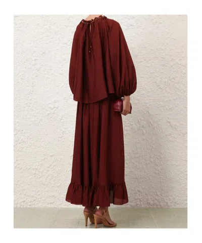 Zimmermann Blouse Aster With Ruffles And Beads In Burgundy
