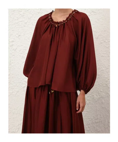 Zimmermann Blouse Aster With Ruffles And Beads In Burgundy