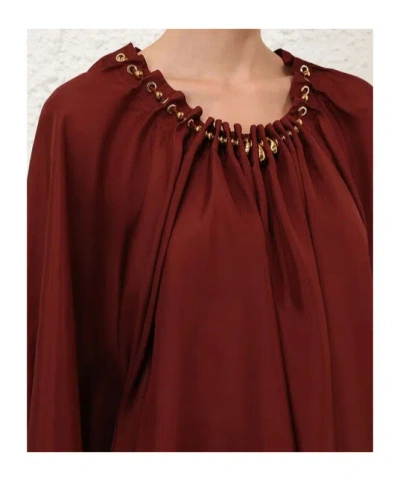 Zimmermann Blouse Aster With Ruffles And Beads In Burgundy