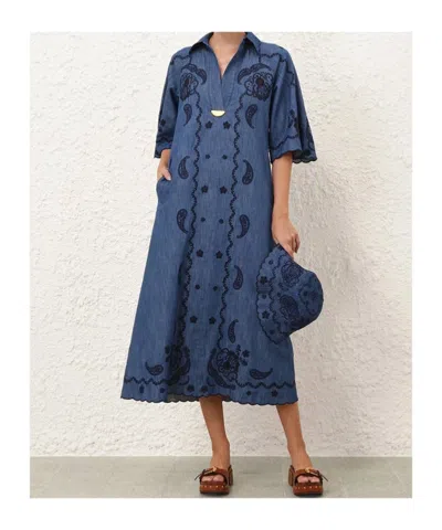 Zimmermann Womens Railway Blue Aster Embroidered Denim Midi Dress Xxs In Blue