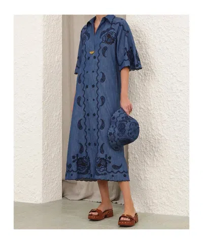 Zimmermann Womens Railway Blue Aster Embroidered Denim Midi Dress Xxs In Blue