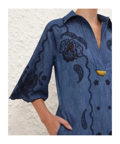 Zimmermann Womens Railway Blue Aster Embroidered Denim Midi Dress Xxs In Blue