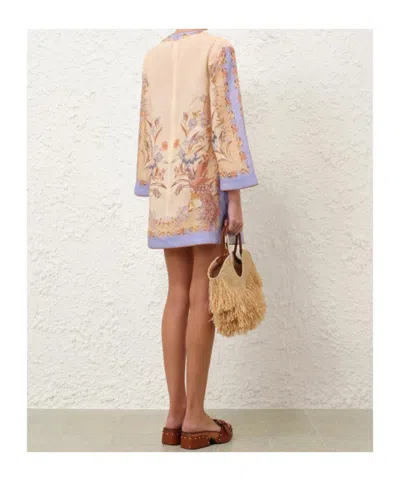 Zimmermann Womens Biscuit Scarf Floral Indra Floral-print Linen Tunic Mini Dress Xs In Brown