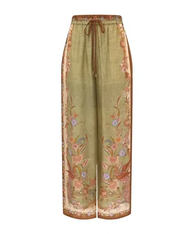 Zimmermann Womens Khaki Scarf Floral Indra Wide-leg Silk Trousers In Green
