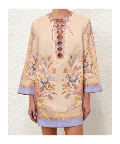 Zimmermann Womens Biscuit Scarf Floral Indra Floral-print Linen Tunic Mini Dress Xs In Brown
