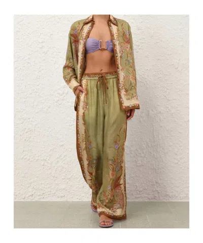 Zimmermann Womens Khaki Scarf Floral Indra Wide-leg Silk Trousers In Green
