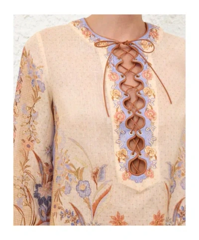Zimmermann Womens Biscuit Scarf Floral Indra Floral-print Linen Tunic Mini Dress Xs In Brown