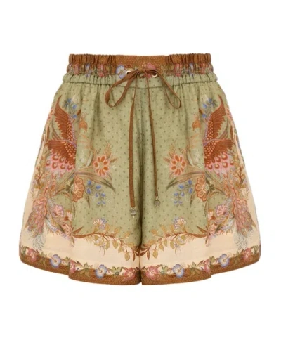Zimmermann Indra Relaxed Silk Shorts Khaki Scarf Floral In Green