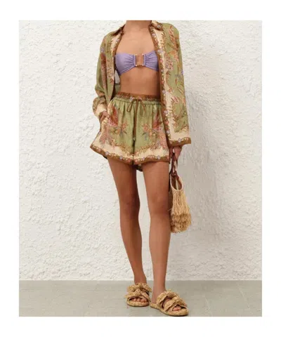 Zimmermann Indra Relaxed Silk Shorts Khaki Scarf Floral In Green