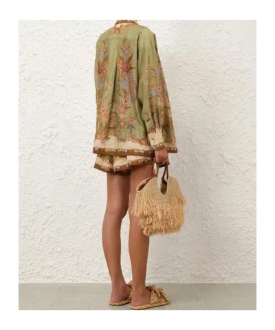 Zimmermann Indra Relaxed Silk Shorts Khaki Scarf Floral In Green