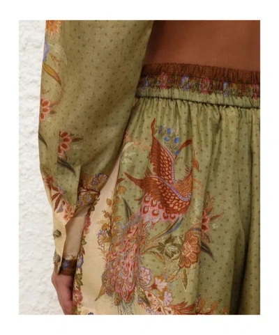 Zimmermann Indra Relaxed Silk Shorts Khaki Scarf Floral In Green