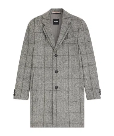 Hugo Boss Plain-check Coat In A Slim Fit In Gray