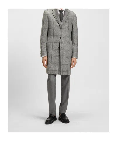Hugo Boss Plain-check Coat In A Slim Fit In Gray