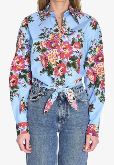 Dolce & Gabbana Floral Shirt Collared Neck Long Sleeves Tie Front In Blue