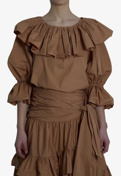 Chloé Ruffled Cotton Blouse With Drawstring Cuffs For Women In Brown