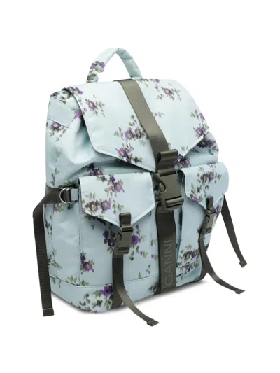 Ganni Re-tech Nylon Backpack With Floral Pattern In Blue