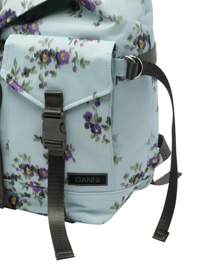 Ganni Re-tech Nylon Backpack With Floral Pattern In Blue