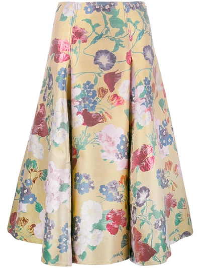 Valentino Floral-brocade Pleated Silk-blend Skirt In Yellow