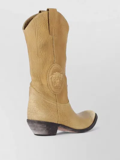 Versace Mid Calf Boots Embossed Detail Pull Tabs In Brown