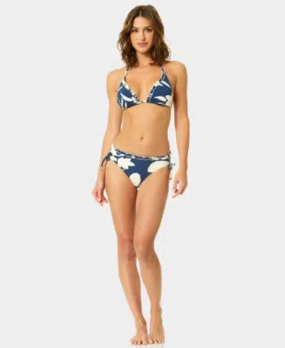 Cece Womens V Neck Contrast Ruffle Triangle Top Pull On Tie Hipster Swim Bottoms In Blue