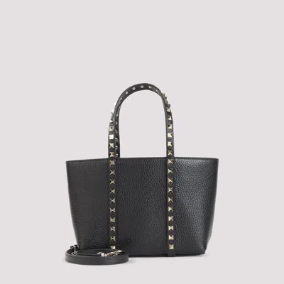 Valentino Rockstud Mini Tote In Hammered Leather In Black