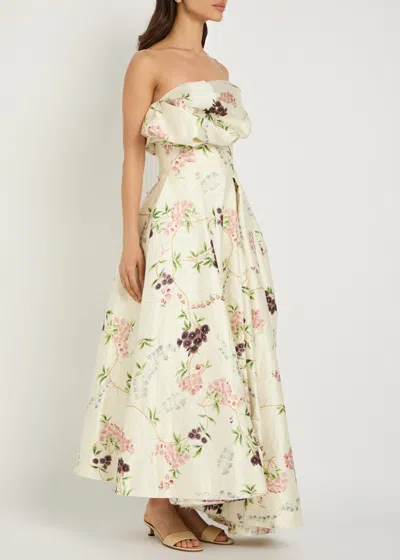 Erdem Strapless Floral-print Textured Satin Gown In Neutral