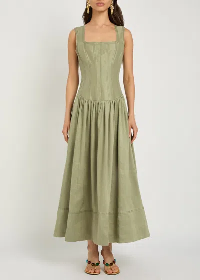 Aje Spirelle Linen-blend Midi Dress In Green