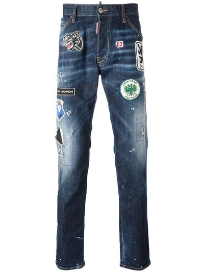 Dsquared2 Slim Distressed Patch Jeans In Blu Medio