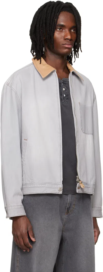 Solid Homme Gray Leather Collared Denim Trucker Jacket In Gray