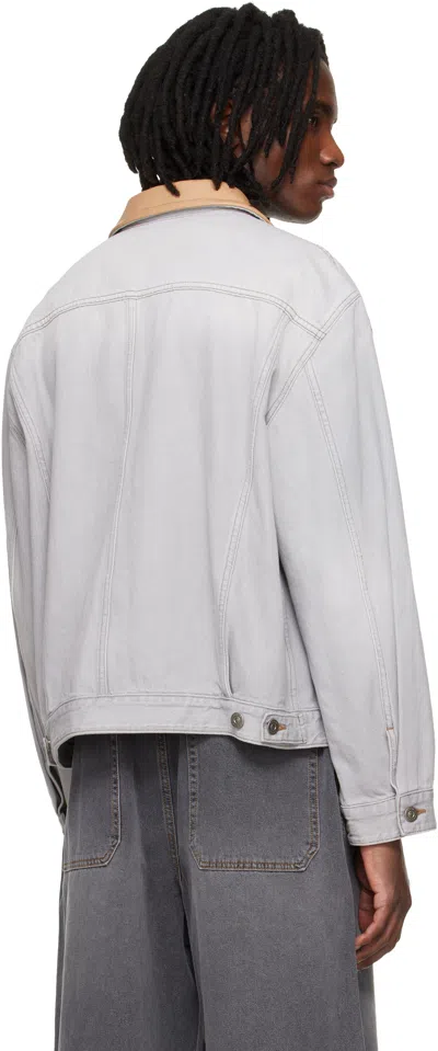 Solid Homme Gray Leather Collared Denim Trucker Jacket In Gray