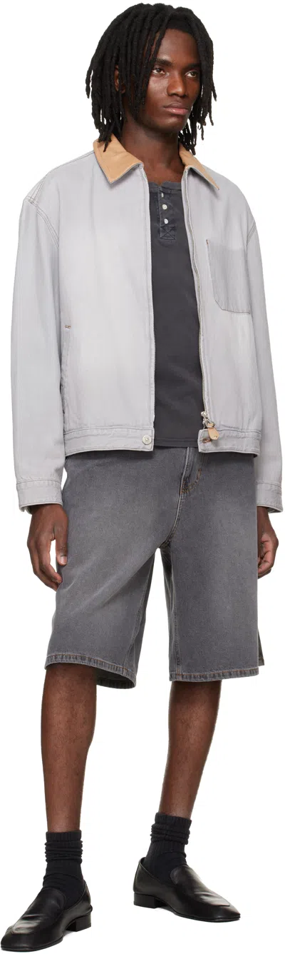 Solid Homme Gray Leather Collared Denim Trucker Jacket In Gray
