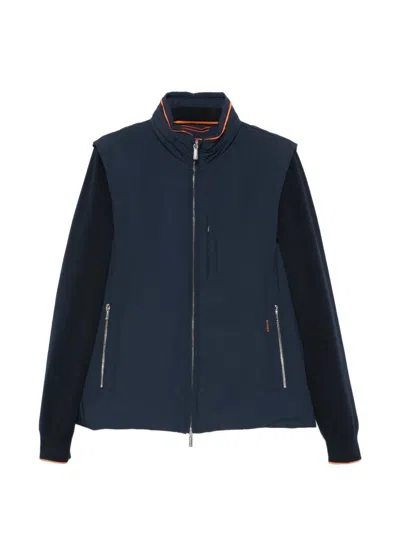 Moorer Navy Blue Solid Mock Collar Jacket In Blue