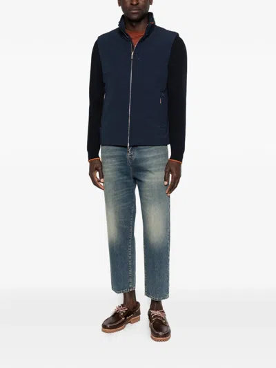 Moorer Navy Blue Solid Mock Collar Jacket In Blue
