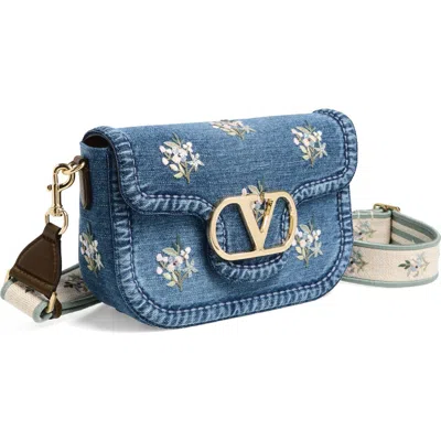 Valentino Alltime Medium Embroidered Denim Shoulder Bag With Embroidered Ribbon Strap In Multi