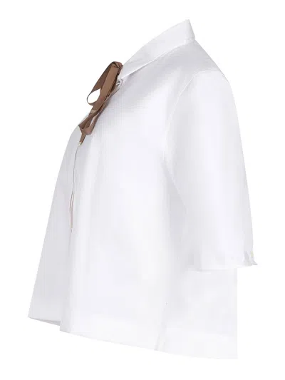 Herno Boxy White Poplin Shirt With Grosgrain Ribbon Tie In Black