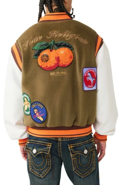 True Religion Garden Logo Retro Varsity Jacket In Green