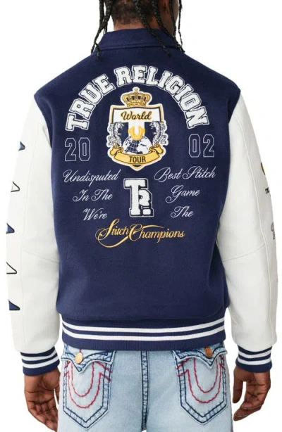 True Religion Varsity Wool Logo Patch Jacket In Blue