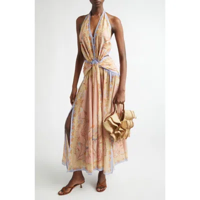 Zimmermann Indra Plunge Printed Metallic Cotton And Silk-blend Halterneck Maxi Dress In Brown