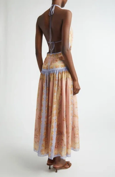 Zimmermann Indra Plunge Printed Metallic Cotton And Silk-blend Halterneck Maxi Dress In Brown