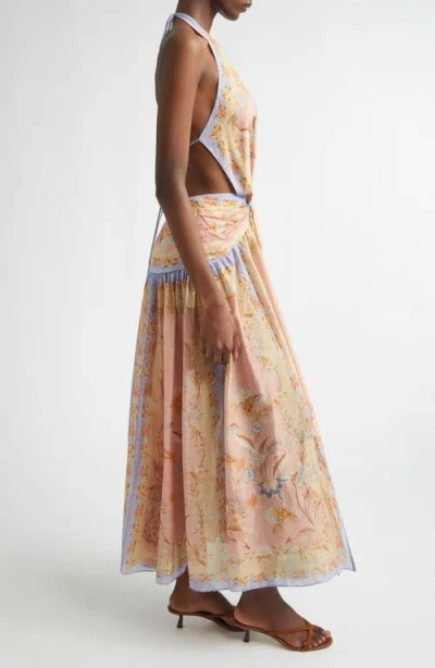 Zimmermann Indra Plunge Printed Metallic Cotton And Silk-blend Halterneck Maxi Dress In Brown