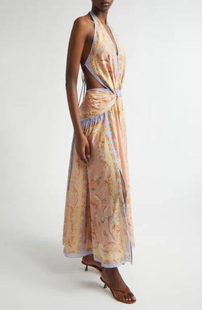 Zimmermann Indra Plunge Printed Metallic Cotton And Silk-blend Halterneck Maxi Dress In Brown