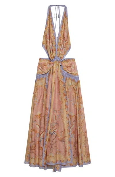 Zimmermann Indra Plunge Printed Metallic Cotton And Silk-blend Halterneck Maxi Dress In Brown