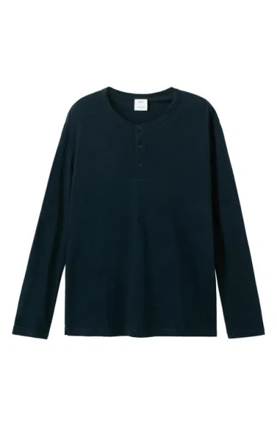 Mango Linen Blend Henley In Blue
